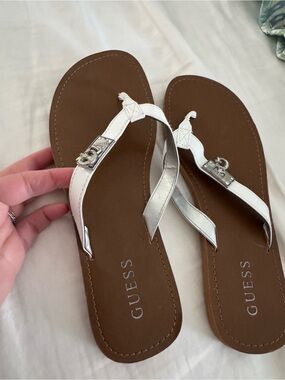 GUESS White and Silver Thong Sandals